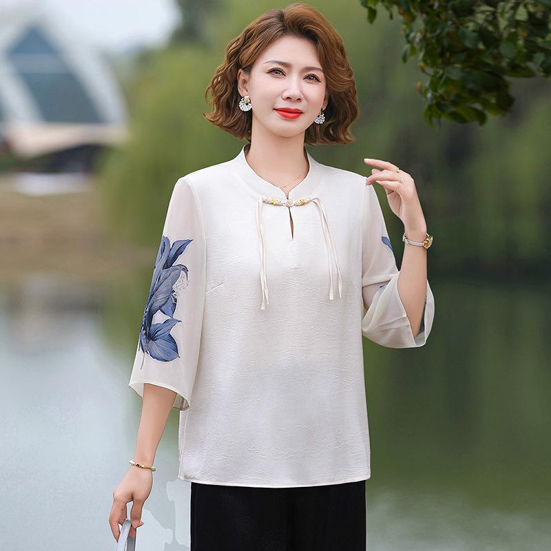 

2026 Summer Stylish Plus Size T-Shirt for Middle-aged Women 3XL (Recommended 60-68 kg) білий/абрикосовий