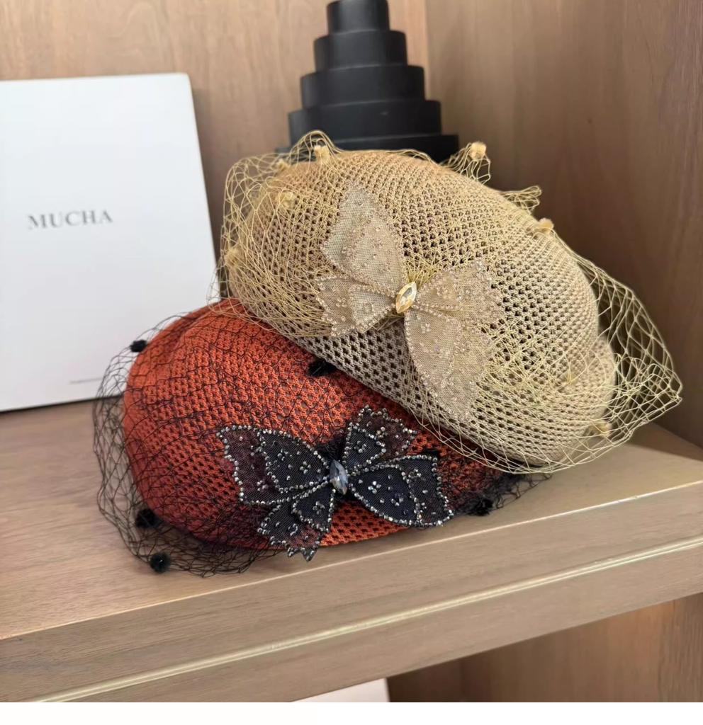 Women'S Mesh Bow Beret Elegant Breathable Hat With Water Diamond Design Spring Summer Versatile Hollow Fashionable Headwear