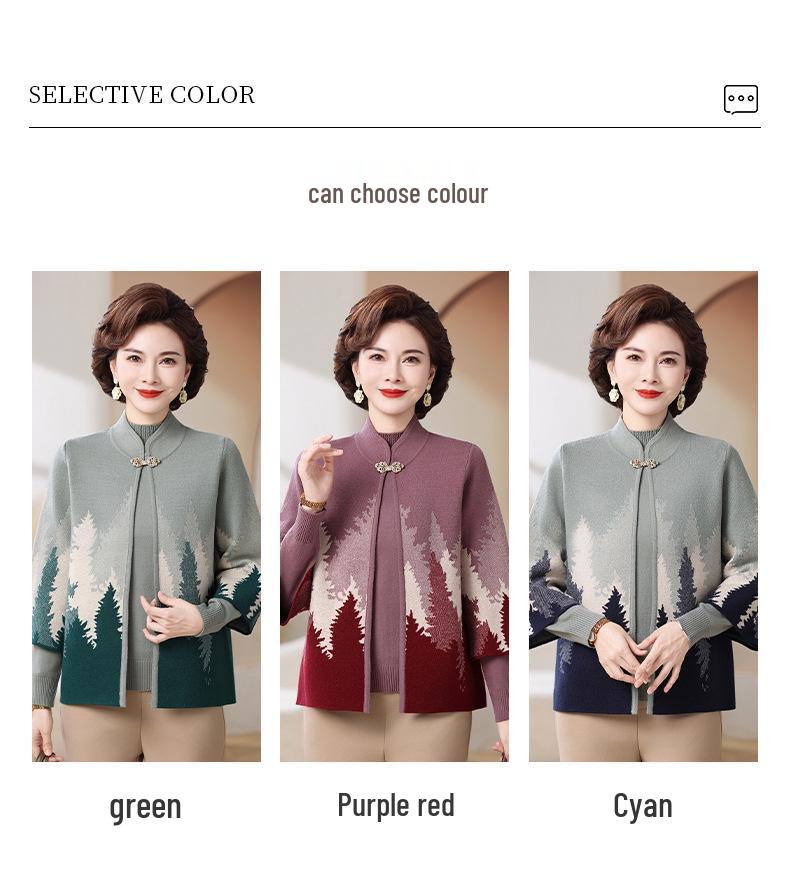 Mom’s Chinese Style Knit Cardigan Set for Autumn & Winter - Elegant Fashion for Middle-Aged and Elderly Women