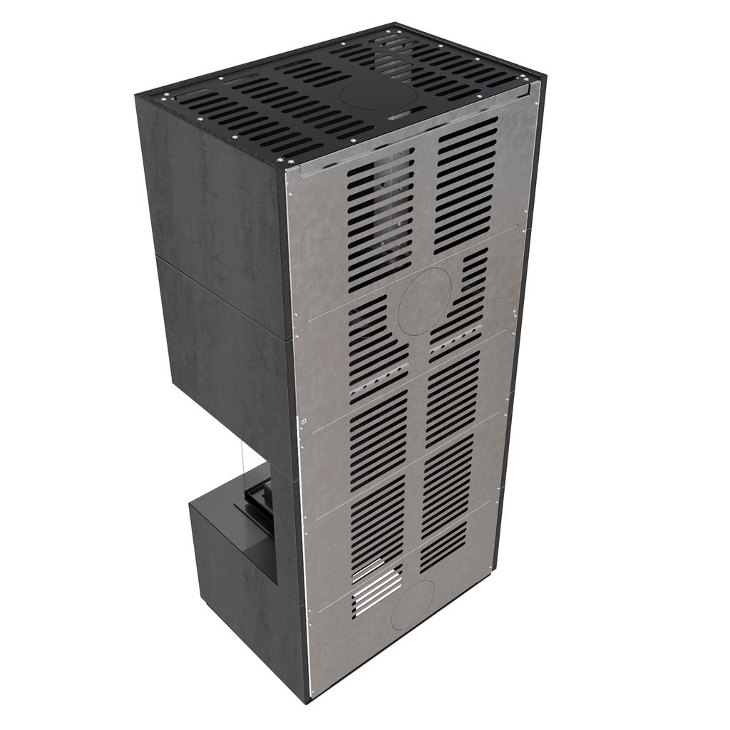 Modular fireplace KRATKI FLOKI BOX right 8 kW Ø 160 quartz sinter NATURALI PIETRA DI SAVOIA ANTRANCITE BOCCIARDATA