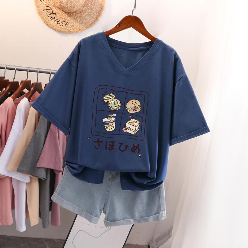 Short-sleeved T-shirt for Women, Large Size, Loose and Slimming, Printed V-neck Top