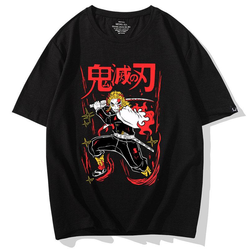 

ZX Ghost Killing Blade Short Sleeve Inferno Apricot Shoulang Tshirt Male Flame Column Anime Half Sleeve Peripheral Clothes 3XL