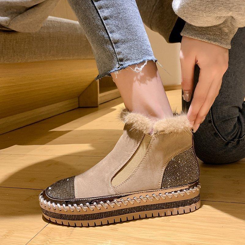 Luxus Fell Plateau Damen Knöchelhohe Stiefel Mode Strass Runde Zehen Design Dicke Sohle Damen Schneestiefel Winter Botas Große Größen