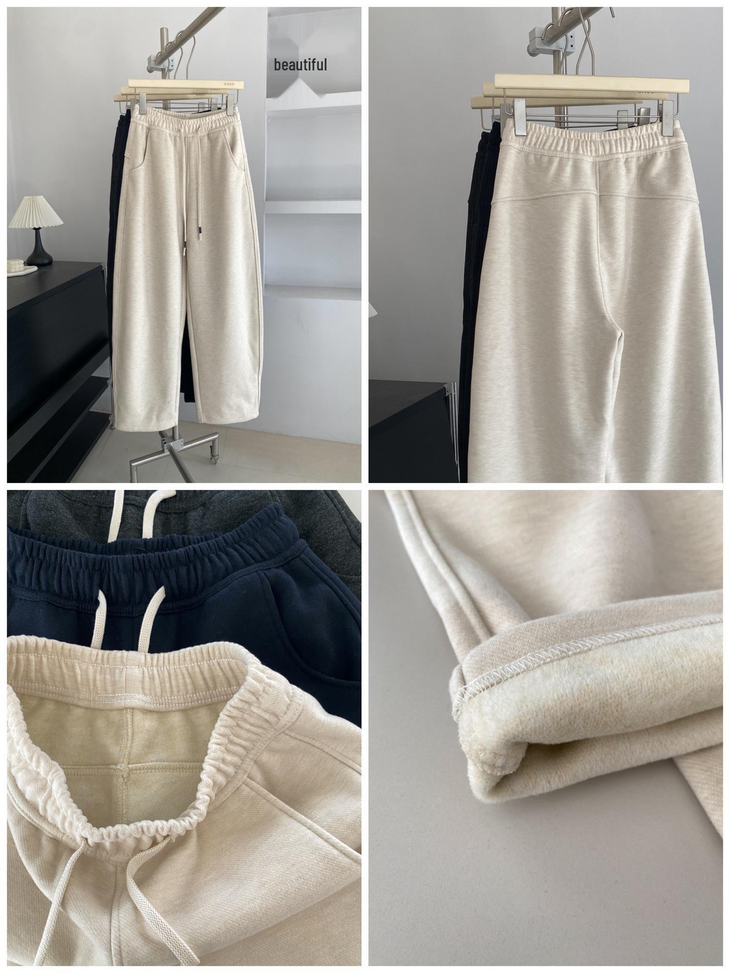 GAGD Women s High-Waisted Fleece-Lined Wide-Leg Sweatpants - Autumn/Winter Loose Slimming Casual Drape Pants M бежевый
