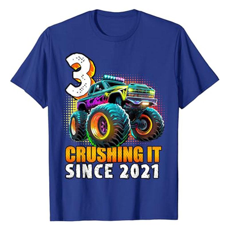 Monster Truck Fun Printed Casual and Comfortable Polyester Short Sleeved T-shirt Suitable for Summer Wear
