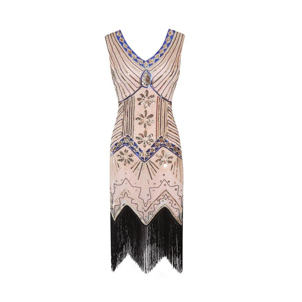 

Vintage sequined dress, hand-ordered beaded tassel plus size evening dress large quantity can be customized 3xl-5xl