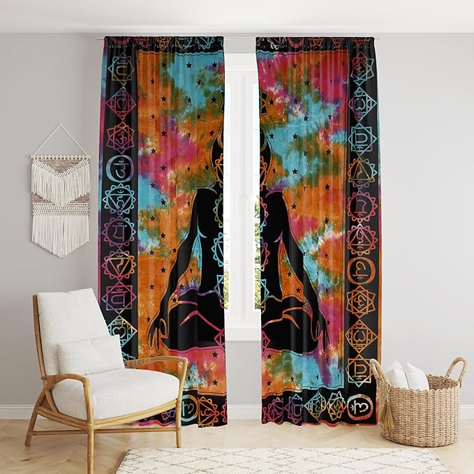

Bless International Beautiful Indian Bohemian Psychedelic Hippie Tie Dye Window Curtain Panels for Bedroom, Living, Balcony (Meditation Tie Dye) 83 L x 38 W