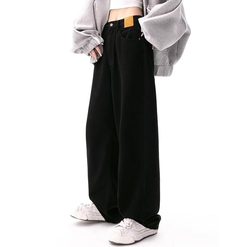American Retro Black Fall And Winter Straight Casual Jeans For Women, Design, Loose High Waist, Slimming Wide Leg Trousers Trendy