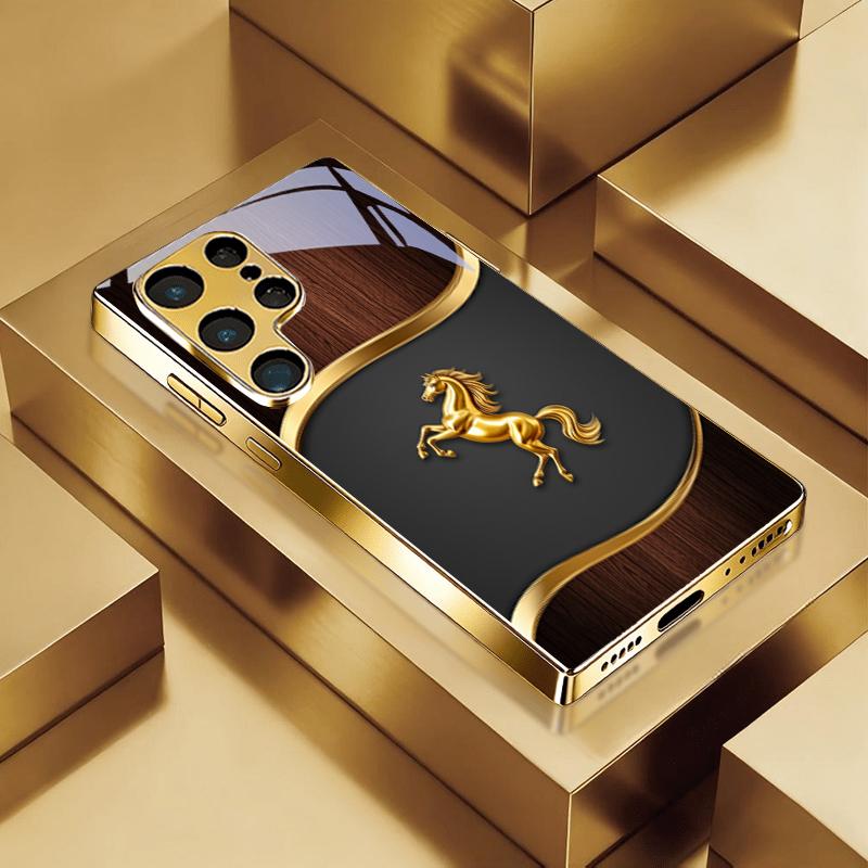 Stallion Emblem Electroplated Golden Phone Case For Samsung Galaxy S25 S24 S26 S23 S22 S21 S20 Ultra Plus FE S26+ Glass Cover
