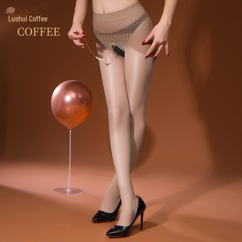 High-Waist Black Mesh Crotchless Stockings with Pearl Pendant