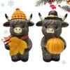 2 Pieces Halloween Fall Highland Cow Decorations Rustic resin Highland Cattle Figurines With Pumpkin For Thanksgiving Decor