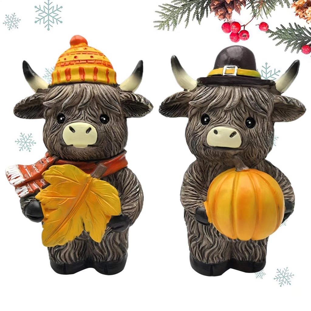 2 Pieces Halloween Fall Highland Cow Decorations Rustic resin Highland Cattle Figurines With Pumpkin For Thanksgiving Decor