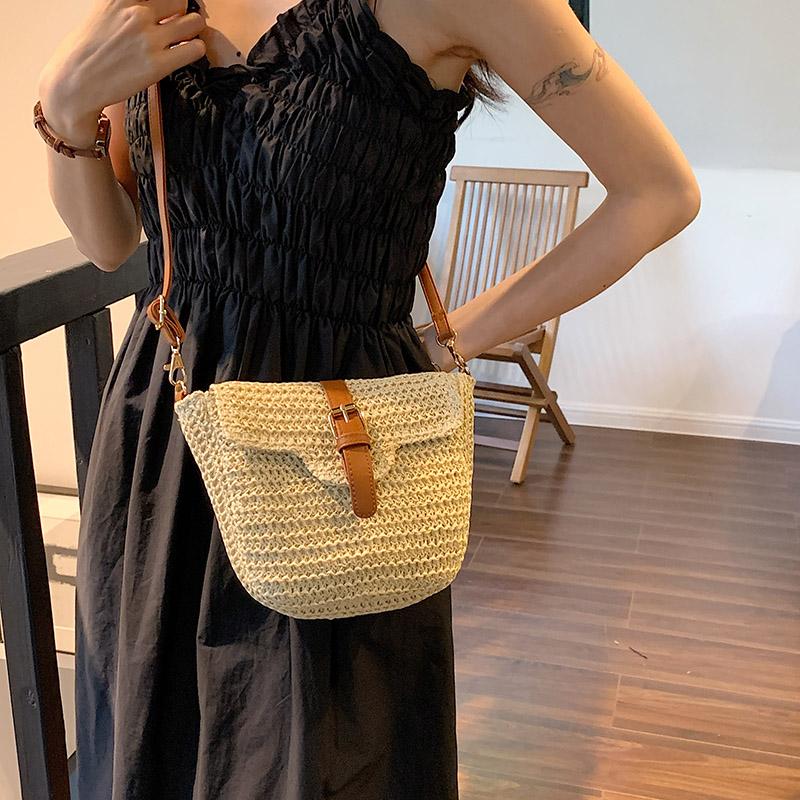 Women's Braided Straw Leather Sewing Shoulder Single Crossbody Woven Bag Daily Fashion Design Popular