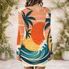 Women Plus Size One Shoulder Long Sleeve Bodycon Mini Dress Tropical Palm Sunset Wave Printed