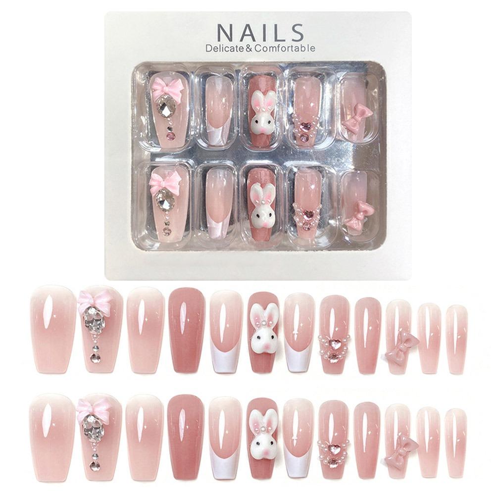 

24Pcs Summer Fresh Press-On Nails Pink Fake Nails Cute Nail Art Set for Women