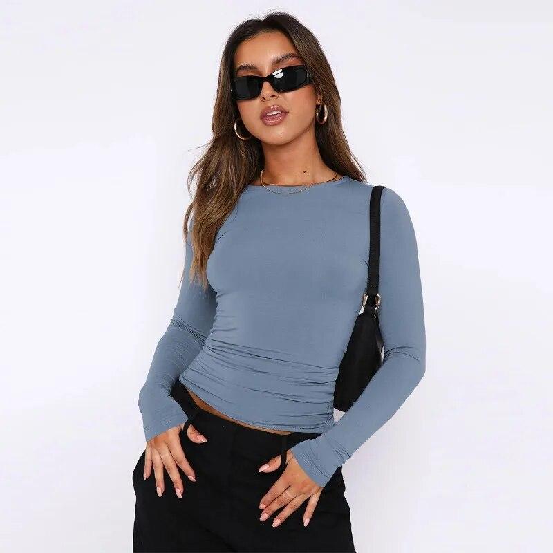 Fashion Y2K Casual Long Sleeve Tshirts Woman Round Neck Elegant Slim Fit T-shirt Women Tops Solid Skinny Office Lady Tees 30634