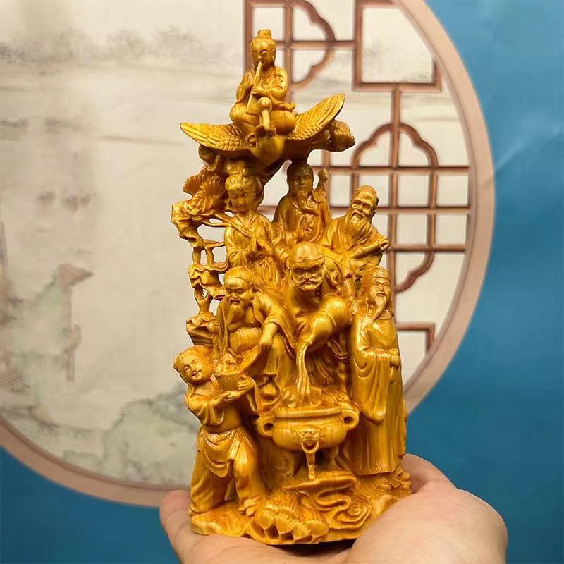 Natural Solid Wood  Eight Lmmortals Crossing The Sea Statue Chinese Mythological Characters Home Room Office Decoration Statue