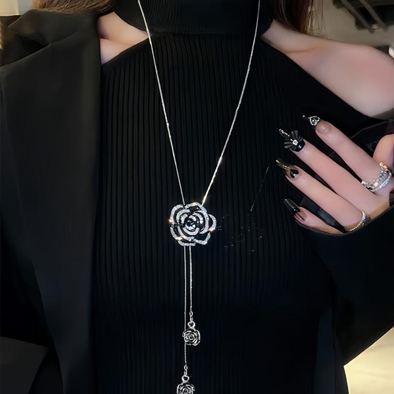 

Fashion Black Rose Flower Long Necklace Sweater Chain Metal Crystal Pendant Necklaces Adjusted ярко-розовый