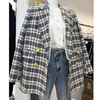 Winter Fashion Double Breasted Women Tweed Blazers And Jackets Blue Formal Plaid Clothes