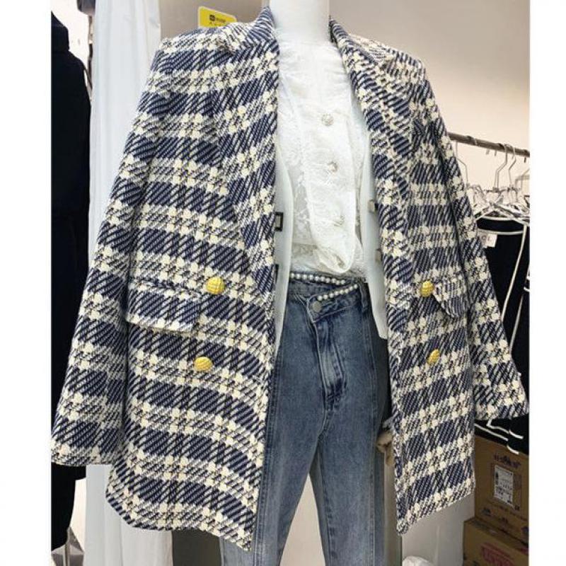 Winter Fashion Double Breasted Women Tweed Blazers And Jackets Blue Formal Plaid Clothes