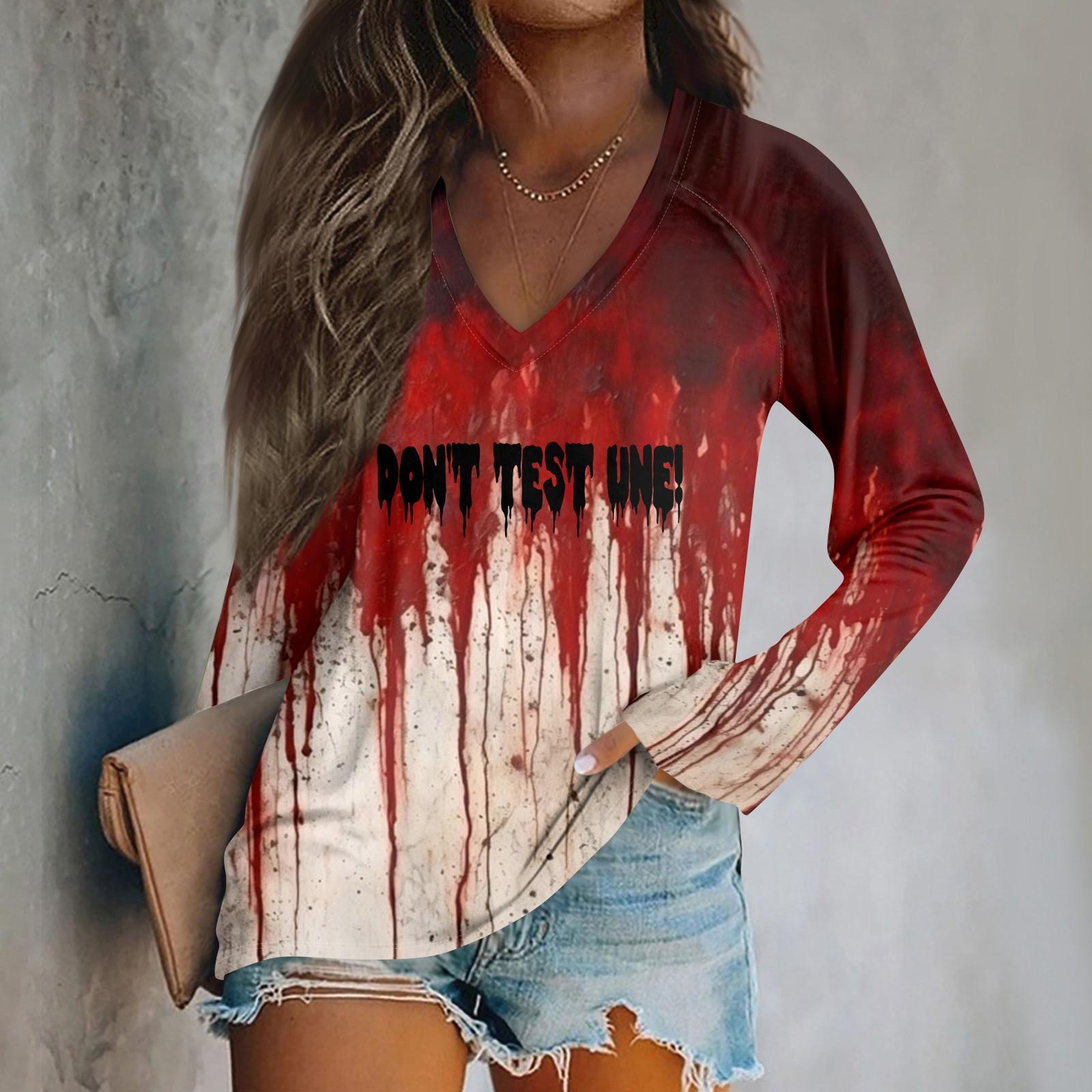 

Women s Fashion Casual Long Sleeve Halloween Printed v-Neck Top L винний