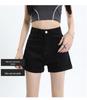 2025 Spring/Summer Women's High-Waisted A-Line Black Denim Shorts: Loose, Slimming, Wide-Leg, Rolled Hem Style