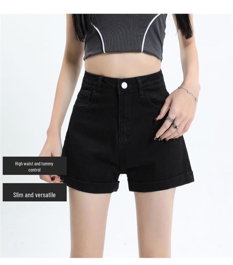 2025 Spring/Summer Women's High-Waisted A-Line Black Denim Shorts: Loose, Slimming, Wide-Leg, Rolled Hem Style