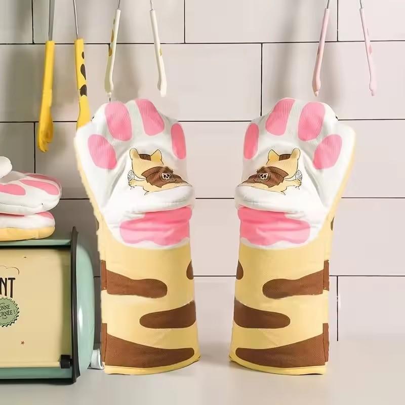 Microwave Long Cotton Gloves Cute Cat Paws Oven Insulation Gloves Heat Resistant Non-Slip Single Glove Kitchen Bakings Supplies