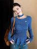 Women's Korean Style Blue Irregular Long Sleeve T-shirt - Chic Slim Fit for Autumn/Winter