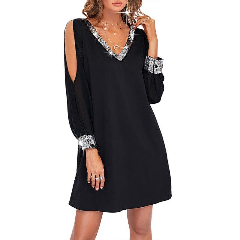 Dámské šaty s výstřihem do V s dlouhým rukávem Móda Ležérní Šaty přes rameno Elegantní Večerní Svatební Flitry Šaty Sexy Krajkové šaty