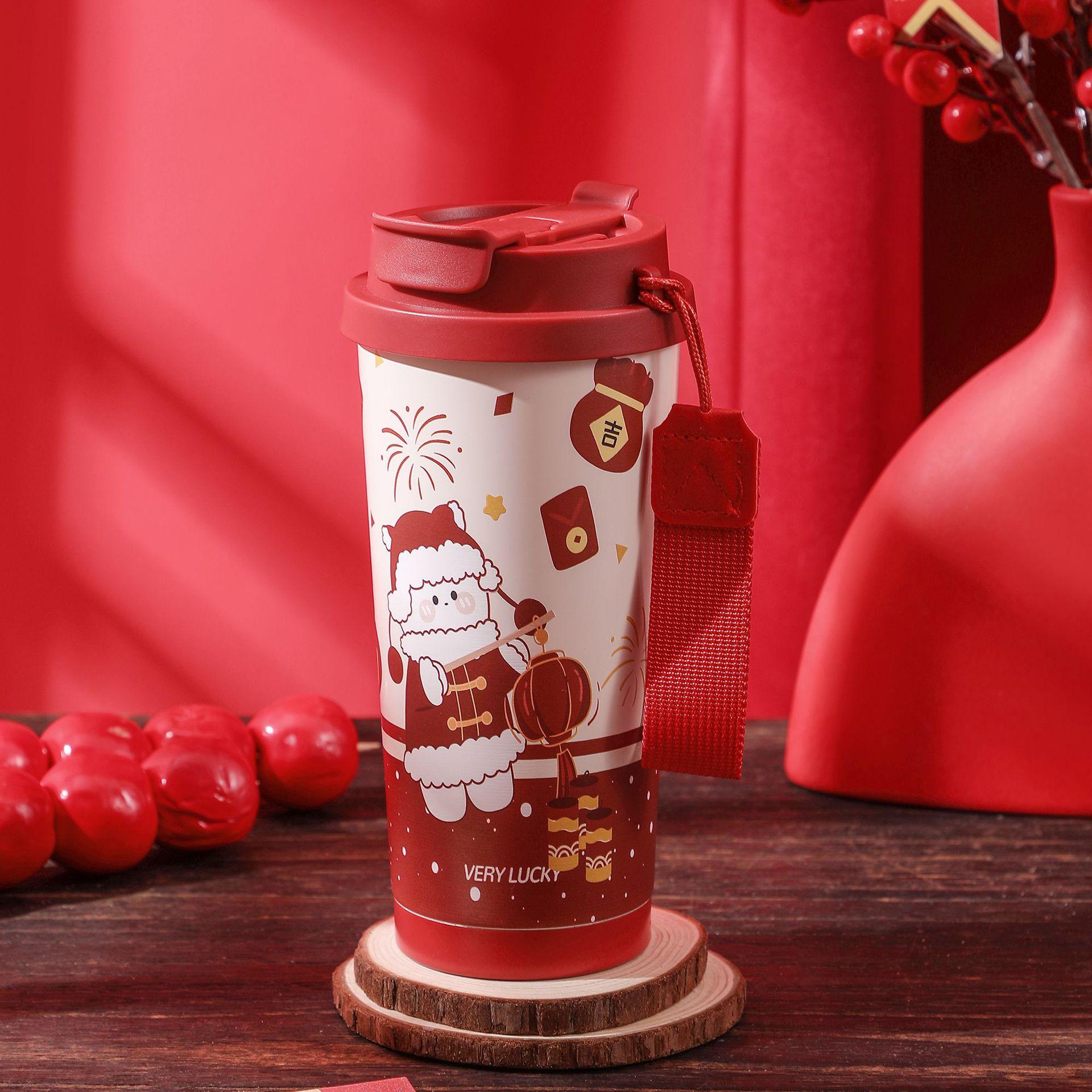 316 Stainless Steel Insulated Cup, Double Drinking Straw Cup, High-value Coffee Cups, Chinese Red Couple Water Cup,New Year Gift 500ml
