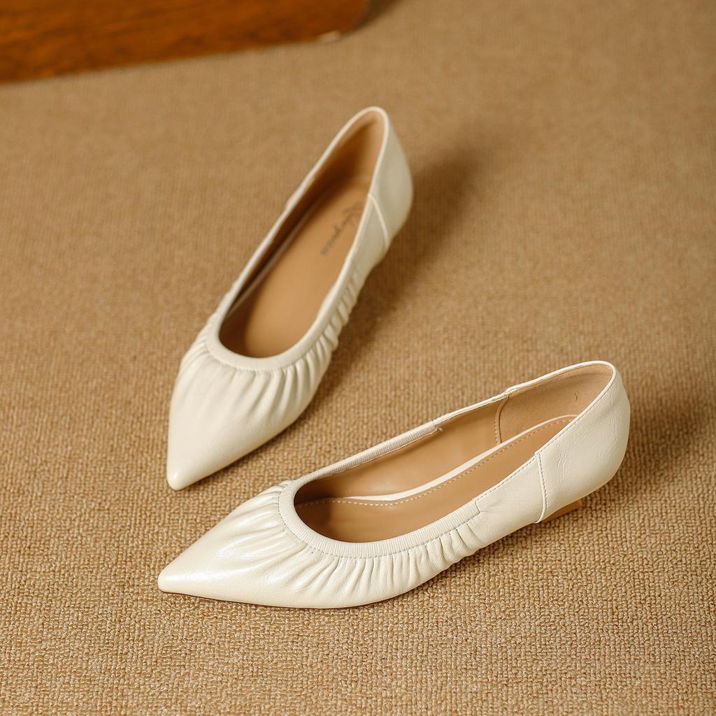 Chaussures basses à bout pointu et talon fin en cuir souple 2026 printemps plis pas de pieds fatigués chaussures à enfiler
