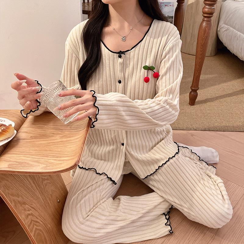 Cherry Cardigan Pajama Set: Women's Drawstring Fleece with Chest Pad - Korean-Style, Long Sleeve, Two-Piece Homewear.