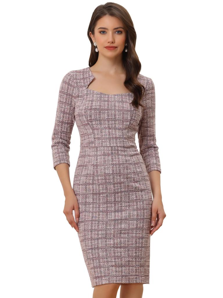 Allegra K Women's Checked Tweed Bodycon Dress, 3/4 Sleeves, Elegant Work Dress, Pink, Size S