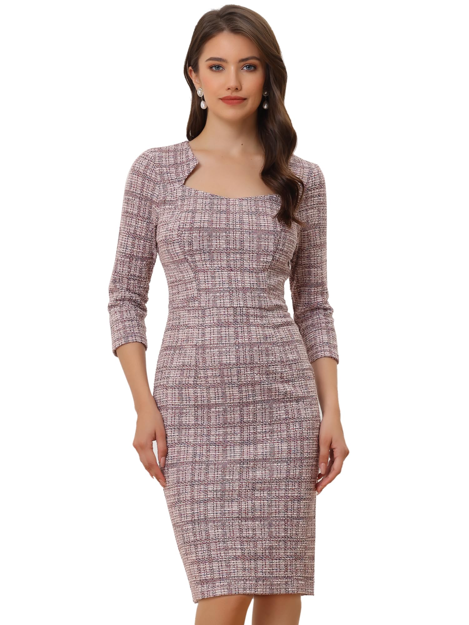 

Allegra K Women s Checked Tweed Bodycon Dress, 3/4 Sleeves, Elegant Work Dress, Pink, Size S