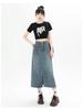 Women's High Waist A-Line Denim Midi Skirt with Slit and Pockets