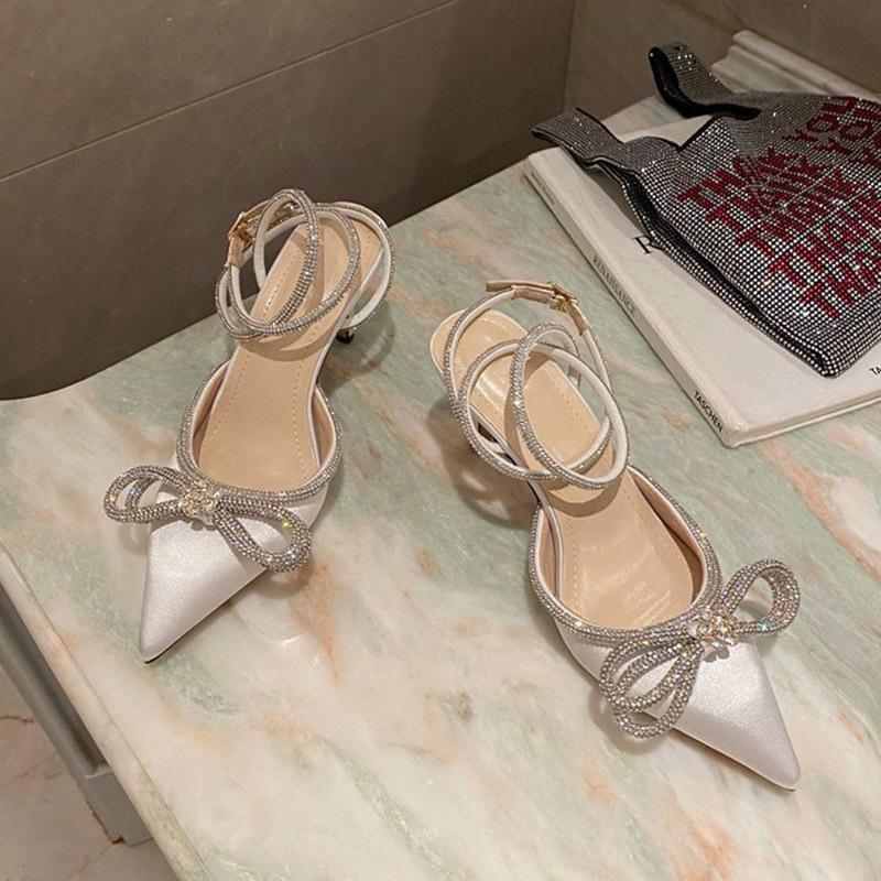 Sandals New Women's Rhinestone Bow Women's Shoes Thin Heel Bag Head French Beautiful Cool High Heels