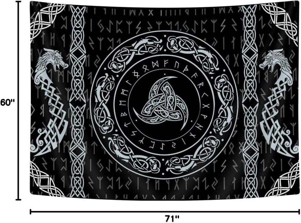 Norse Tapestry, Viking Tapestry Wall Hanging Raven Ancient Rune Dragon Totem Norse Mythology Tapestries, Black White Mystical Ge