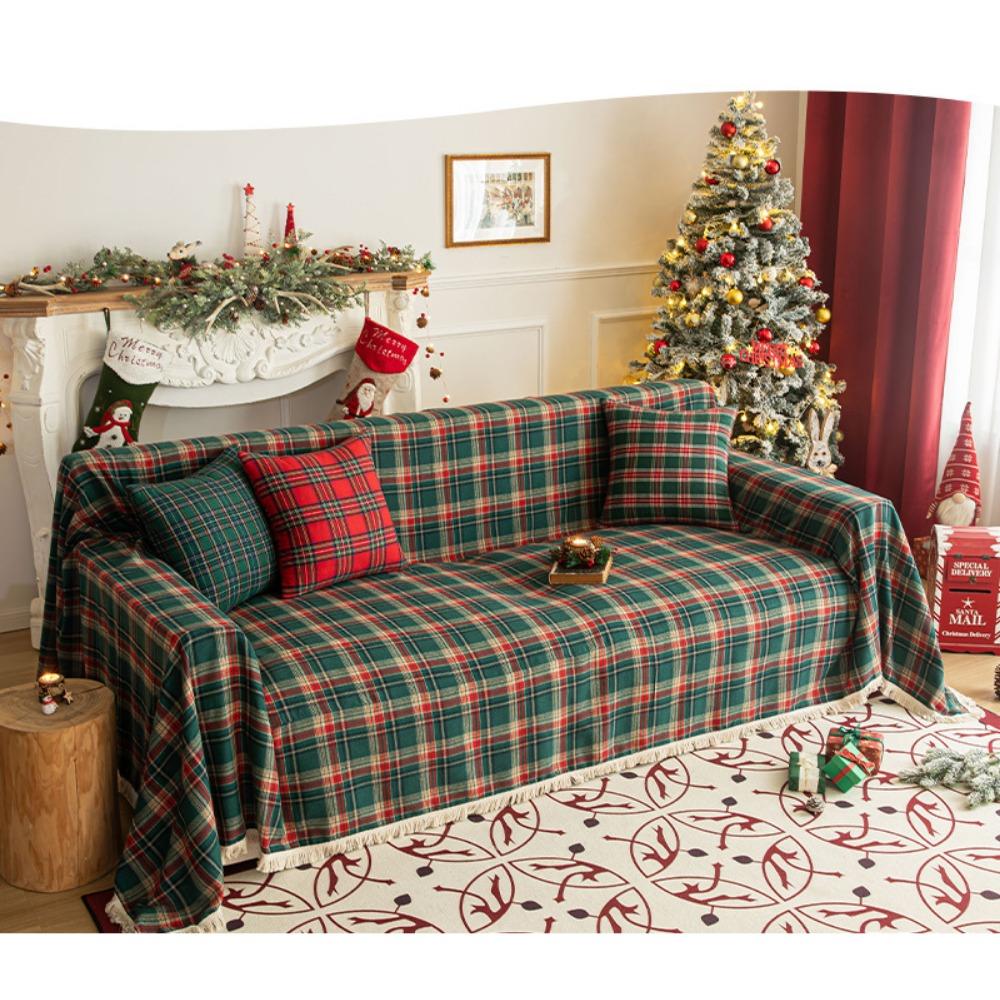 Christmas Slipcover Red Green Plaid Sofa Cover Non Slip Full Cover Fringe Retro Holiday Decor