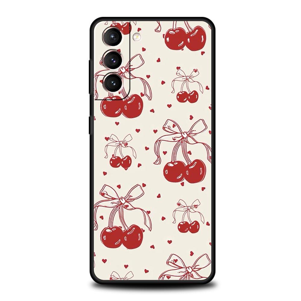 Cute Cherry Bow Phone Case For Samsung Galaxy S24 S23 S22 S20 Ultra S21 FE 5G S10 S9 Plus S10E S8 Soft Silicone Cover