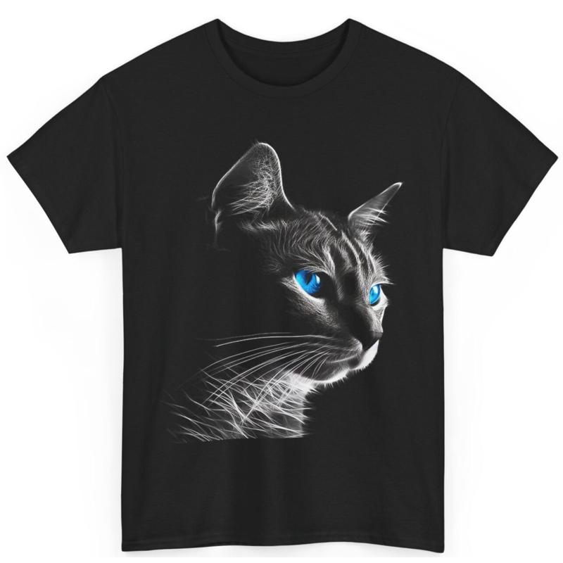 Blue Eyed Cat Art T Shirt Stylish Feline Graphic Tee S разноцветный
