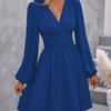 Polyester Vneck Lantern Sleeve Dress With Pleats For Casual And Party Wear