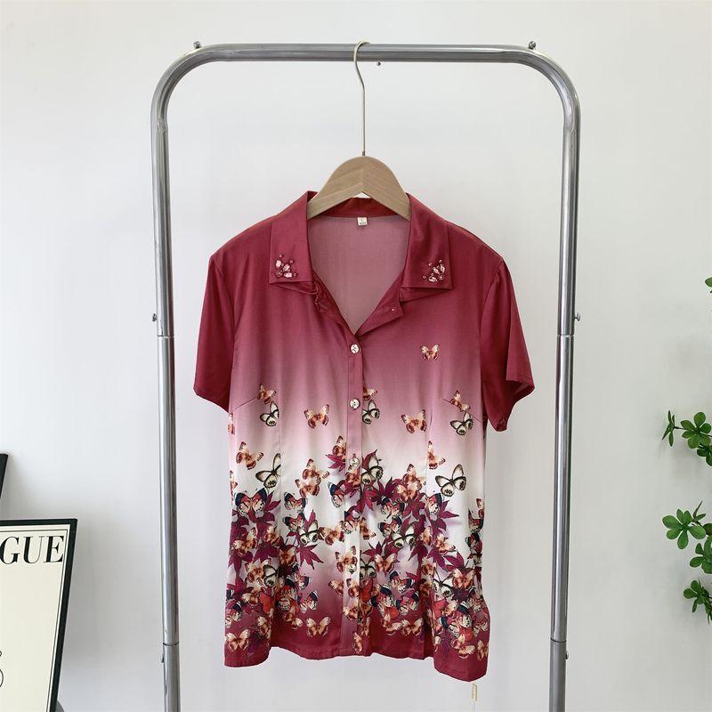 

Special Offer Silk Shirt Female Mulberry Silk Middle-Aged Mom Summer Clothes Female Heavy Weight Niche Style Print Short Sleeve Shirt Breathable Color XL