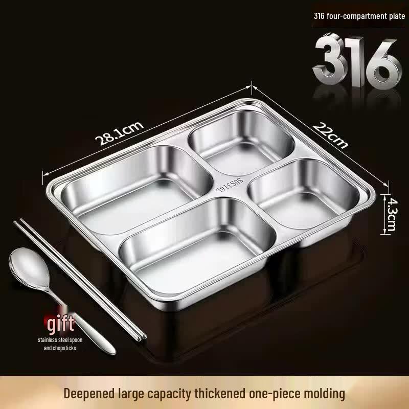 HANDUNYOU 316 Stainless Steel Deep Four-Compartment Meal Tray