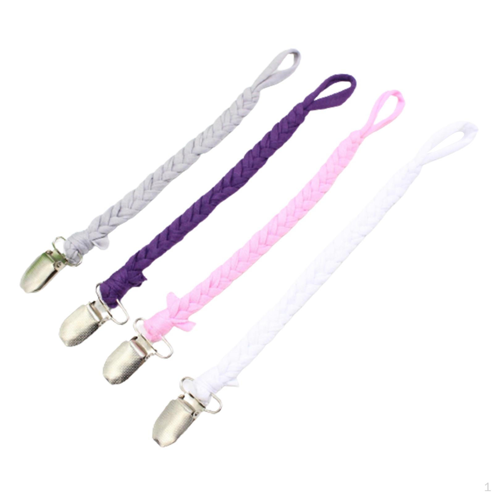 4 Pack Clips, Braided Leash Pacifier Teething Toy Holders for Boys and Girls Gray Purple Pink