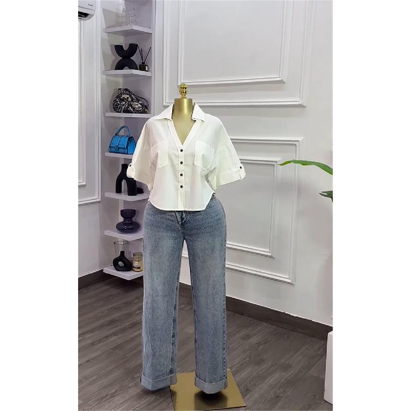 Women's 2026 Summer New Design Loose Fit Versatile Fashionable Short Collared Shirt Top