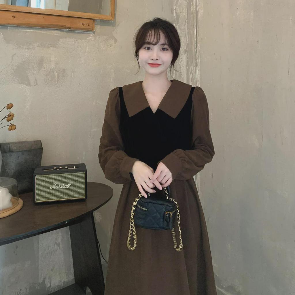 Hepburn-Style Long-Sleeve Midi Dress: Chic Autumn Design, Slimming High Waist, Plus Size, Fake Two-Piece Look