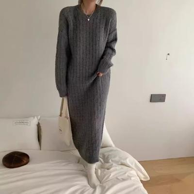 Temperament Round Neck Loose Knitted Dress Women's Autumn and Winter New Fashion Casual Inside with Backing Sweater Skirt