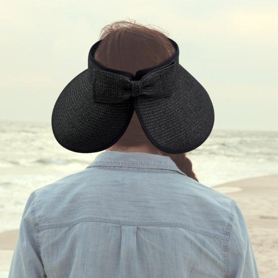 Outdoor Ladies Hat Empty Top Foldable Large Brim Bow Decor Sun Protection Anti-UV Beach Straw Cap Gardening Fishing Travel Hat