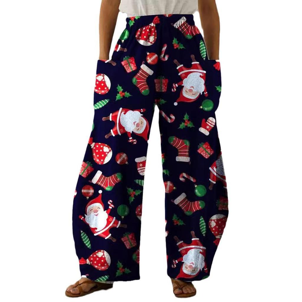 2024 Hose mit weitem Bein und hoher Taille im Weihnachts-Print und elastischem Bund im dünnen Stil